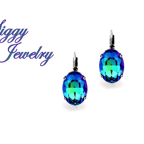 Sphinx Green Blue 18x13mm Oval Drop Crystal Earrings, Large Statement Lever Back - Picture 1 of 7